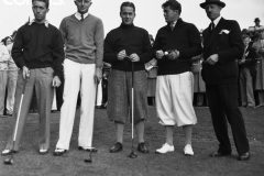 28 Nov 1934, San Francisco, California, USA --- Bobby Jones in Action at San Francisco.  San Francisco, California:  Bobby Jones, the man who scored golfdom's grand slam some years ago, plays an exhibition game at the San Francisco Club.  Left to right, Stuart Hawley, Ernie Pieper, Bobby Jones, Lawson Little, and Horace Guittard, president of the Northern California Golf Association.  Jones shot a 71 under par, and with the aid of his teammate Stuart Hawley, won the match 4 and 3. --- Image by © Bettmann/CORBIS